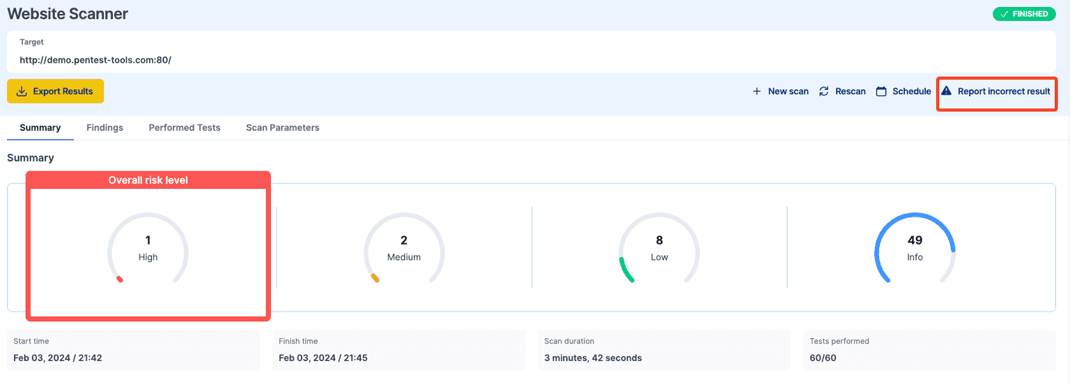 website scanner summary report